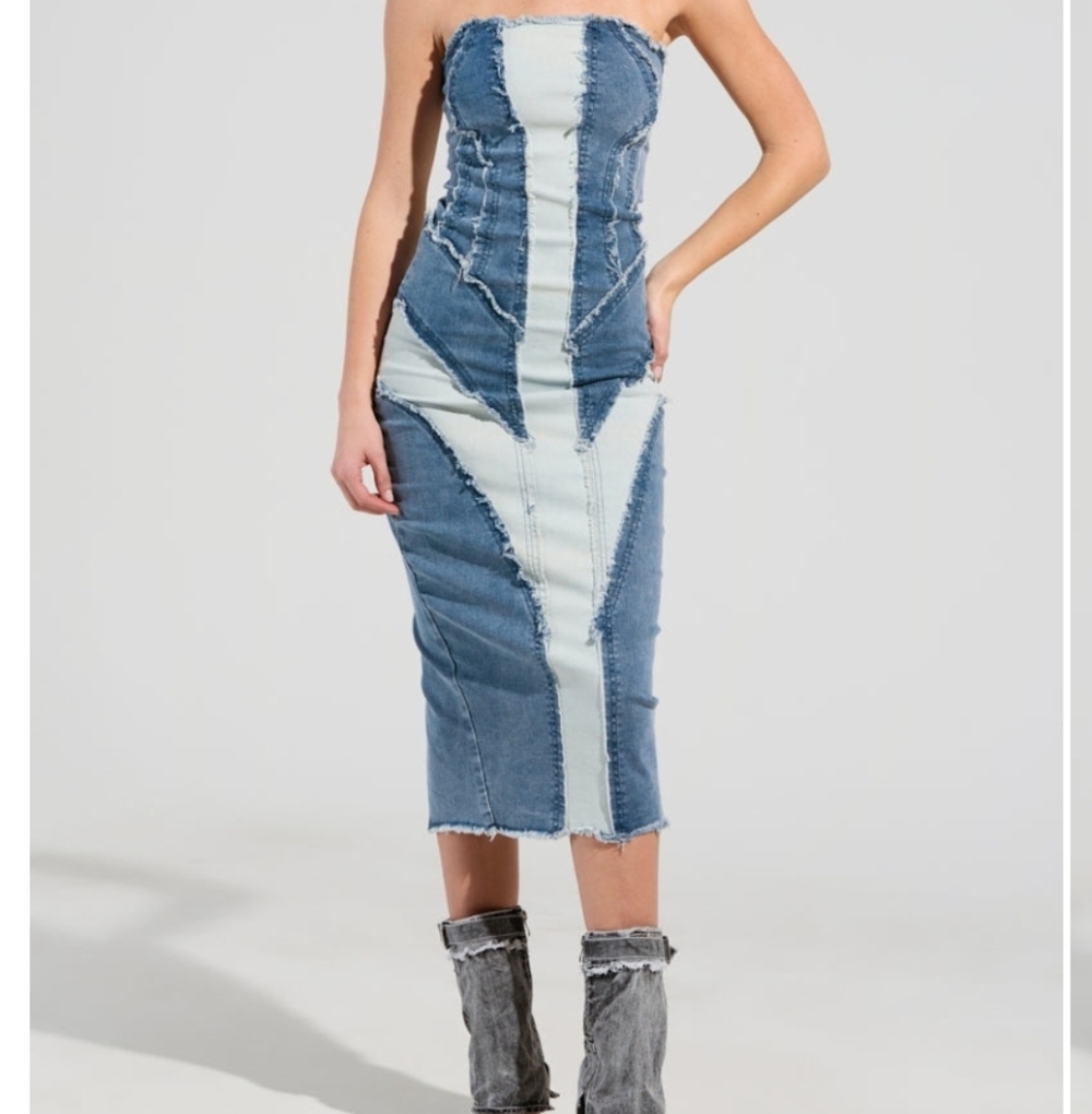 AKIRA Strapless Patchwork Denim Midi Dress in Light & Medium Blue